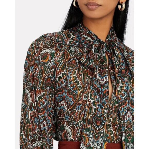 VERONICA BEARD SILK BLOUSE 2, Size Small, Zaylee Paisley Tie-Neck Green/Brown - Picture 1 of 7